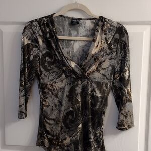 NWOT Tribal Draped Neck Swirl Lacey Netting Print Top, S